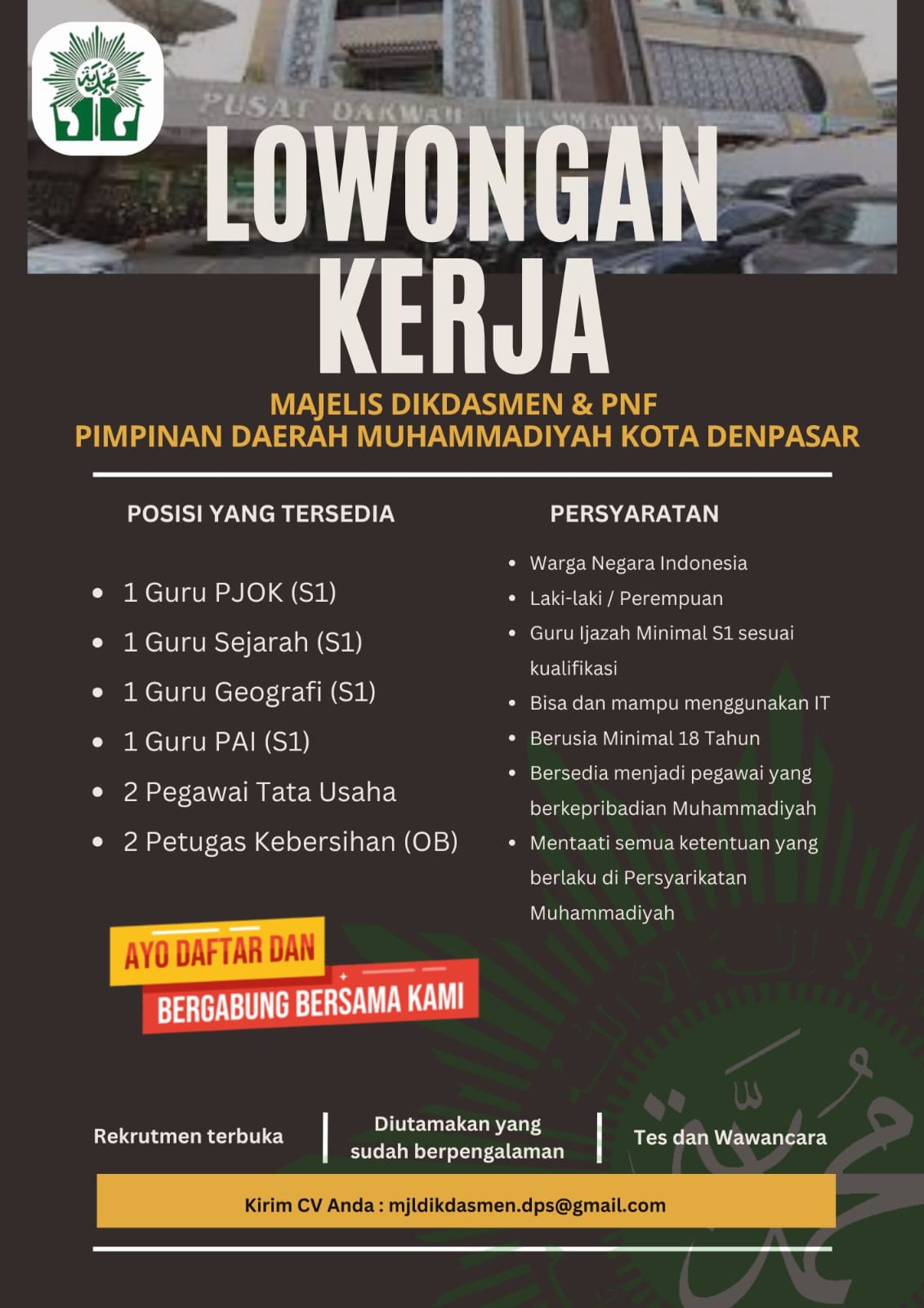 Rekrutmen Guru dan Karyawan Perguruan Muhammadiyah Kembali Dibuka!